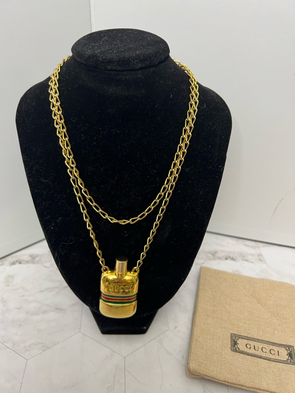 Gucci Gold-Tone Perfume Bottle Pendant Necklace with Green and Red Stripe